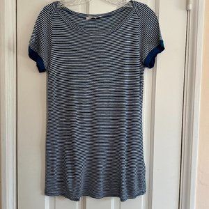 Anthropologie Teal & Light Gray Striped Boat-neck Tee